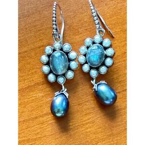 Sterling Silver Labradorite & Peacock Freshwater Pearl Dangle Earrings